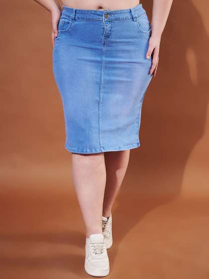 Purple Feather
                          Plus Size Denim Pencil Midi Skirt