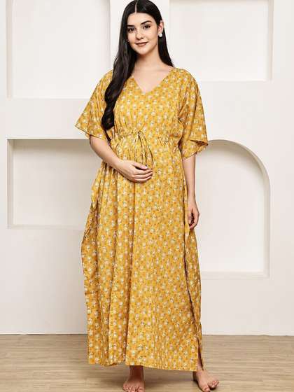 Secret Wish Women
                        Floral Printed V-Neck Pure Cotton Maternity Maxi
                        Kaftan Nightdress