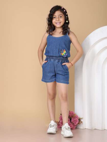 Superminis Girls
                      Embroidered Shoulder Straps Denim Top WIth Shorts