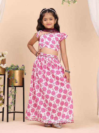 Cutiekins Girls Floral
                      Printed Ready to Wear Cotton Lehenga & Blouse
                      With Dupatta