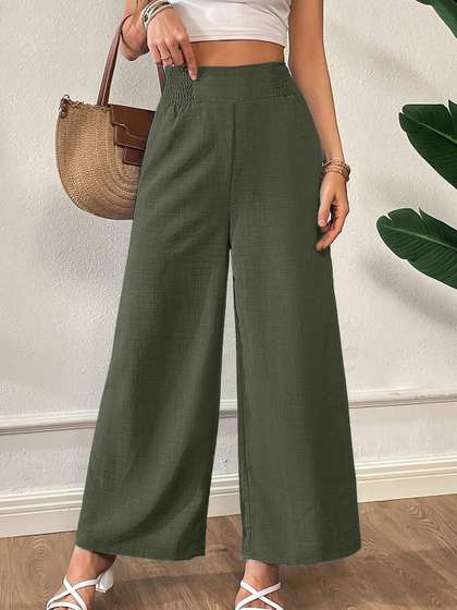 VOGAAN Women Relaxed
                        Textured High-Rise Easy Wash Pleated Wide Leg
                        Parallel Trousers