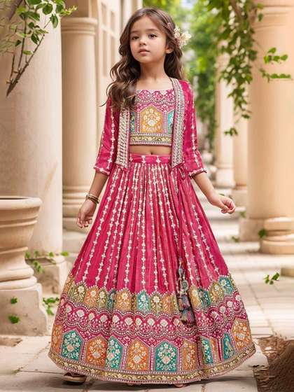 Lagorii Girls Floral
                    Embroidered Beads and Stones Ready to Wear Lehenga
                    &