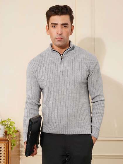 Kvetoo Wool Men
                          Ribbed High Neck Half Zipper Pullover