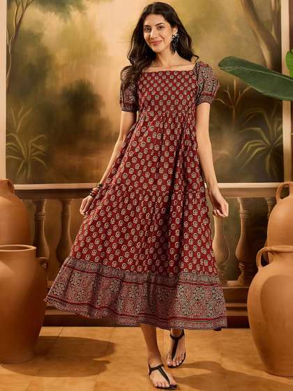 Sangria Women
                          Ethnic Motifs Printed Gathered Cotton Empire
                          Dress