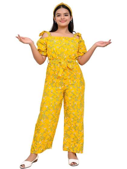 Naida Girls Yellow
                    Off-Shoulder Printed Basic Jumpsuit