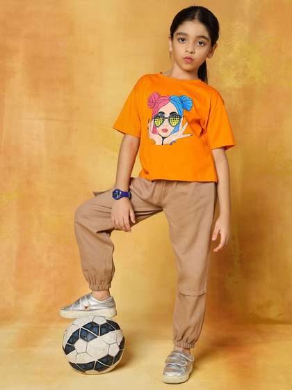 HERE&NOW Girls
                    Graphic Printed Round Neck Pure Cotton T-shirt With
                    Jogger