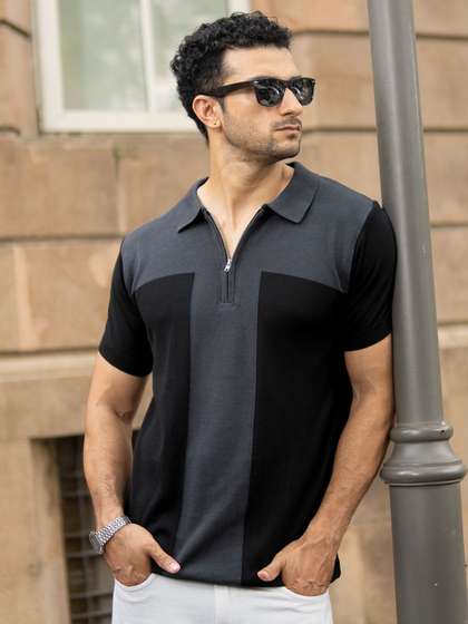 Powerlook Men
                        Colourblocked Polo Collar Cotton T-shirt