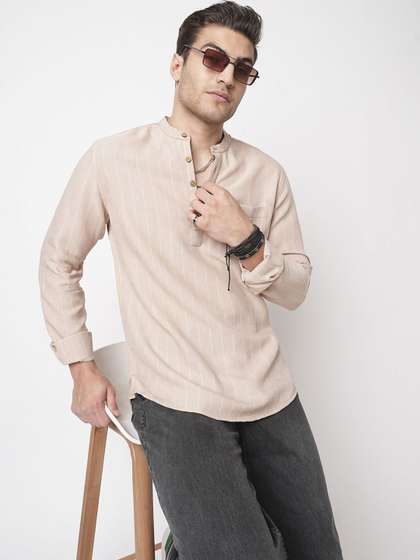 VASTRADO Striped
                        Band Collar Cotton Straight Short Kurta