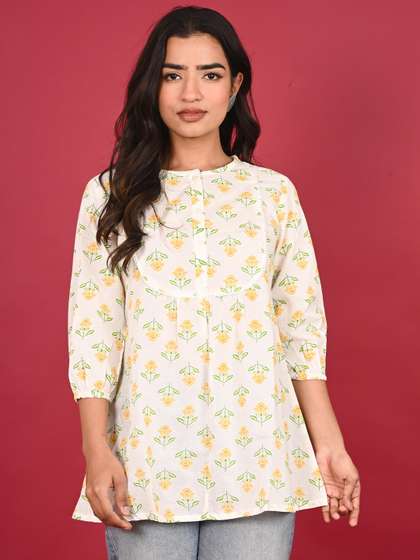 INDULI Women Floral
                        Printed Pure Cotton A-Line Top