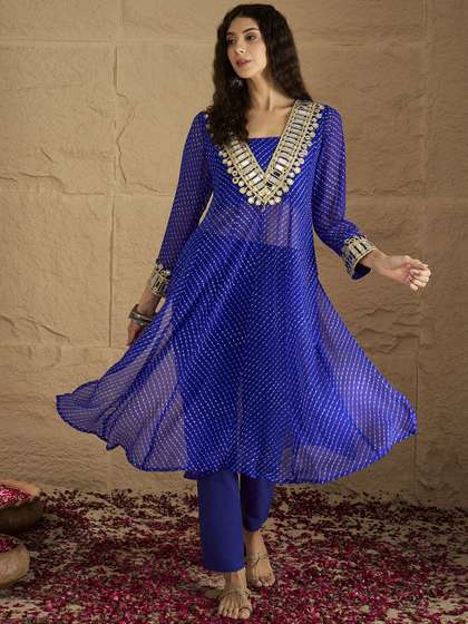 Varanga Bandhani
                        Printed V-Neck Mirror Work Georgette Kurta with
                        Trousers