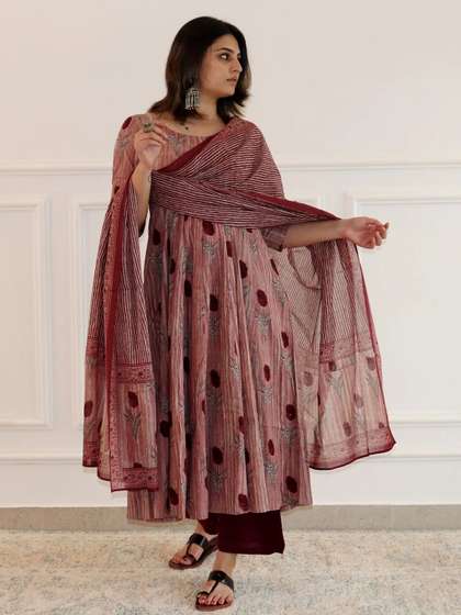 KALINI Floral
                        Printed Round Neck Anarkali Kurta With Trousers
                        & Dupatta