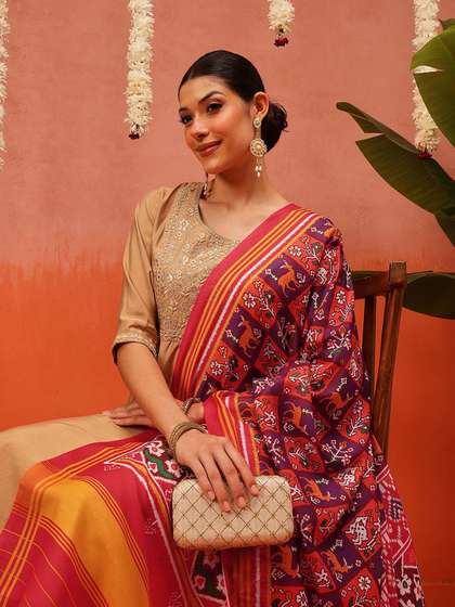 Silk Land Ethnic
                          Motifs Printed Ikat Patola Mul Cotton Dupatta
