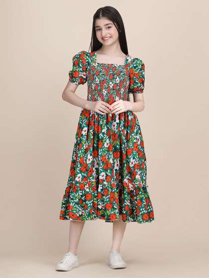 PTVIZE Girls Floral
                    Printed Smocked Puff Sleeve Fit & Flare Midi
                    Dress