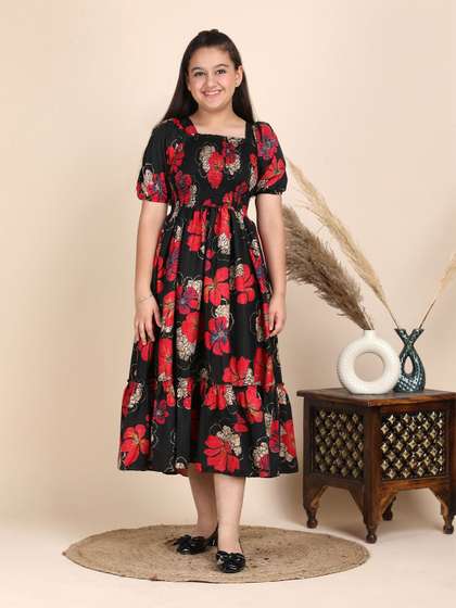 PTVIZE Girls Floral
                    Printed Smocked Crepe Fit & Flare Midi Dress