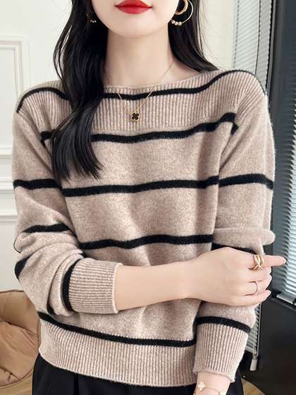 StyleCast Women
                        Striped Round Neck Cashmere Pullover Sweater