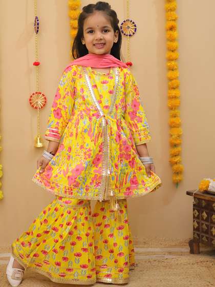 misbis Girls Floral
                      Printed Gotta Patti Pure Cotton Anarkali Kurta
                      With Sharara & Dupatta
