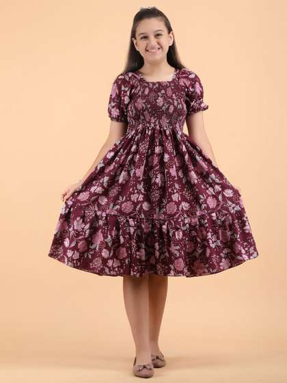 PTVIZE Girls Floral
                      Printed Puff Sleeve Smocked Fit & Flare Dress