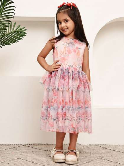 JAKANARY Girls Floral
                    Printed Layered Net Fit & Flare Midi Dress