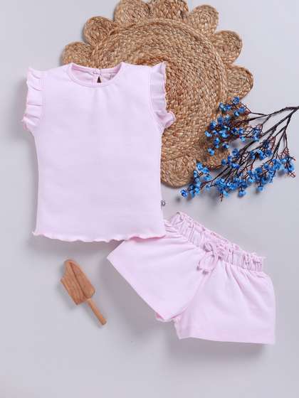 YK X Tinyo Girls Ruffle
                    and Back Button Detail Top with Shorts