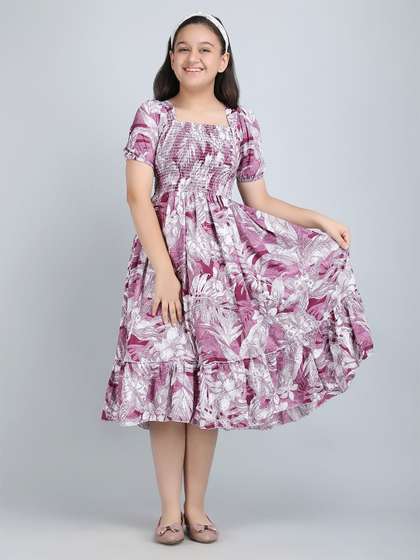 PTVIZE Girls Floral
                    Printed Smocked Fit & Flare Midi Dress