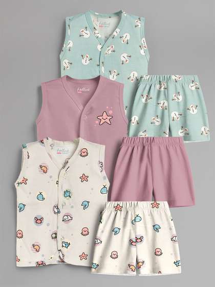 HELLCAT Kids Pack Of 3
                    Printed V-Neck Pure Cotton Jhablas With Shorts