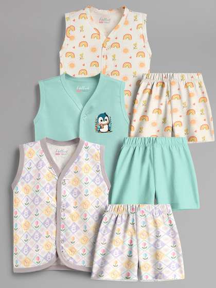 HELLCAT Kids Pack Of 3
                      Printed V-Neck Pure Cotton Jhablas With Shorts
