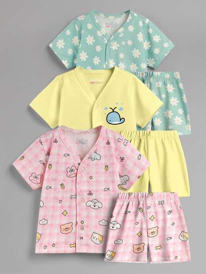 HELLCAT Kids Pack Of 3
                    Printed V-Neck Pure Cotton Jhablas With Shorts