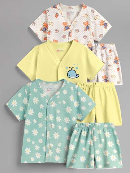 HELLCAT Kids Pack Of 3
                    Printed V-Neck Pure Cotton Jhablas With Shorts