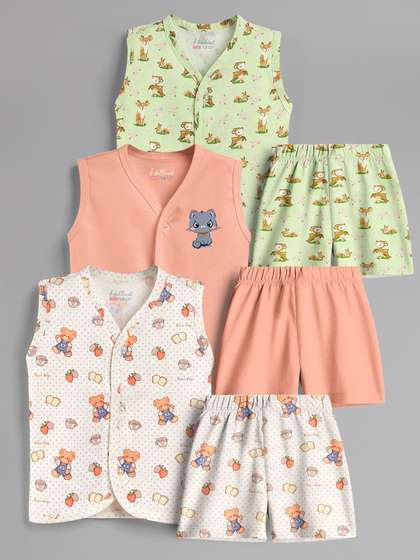HELLCAT Kids Pack Of 3
                    Printed V-Neck Pure Cotton Jhablas With Shorts