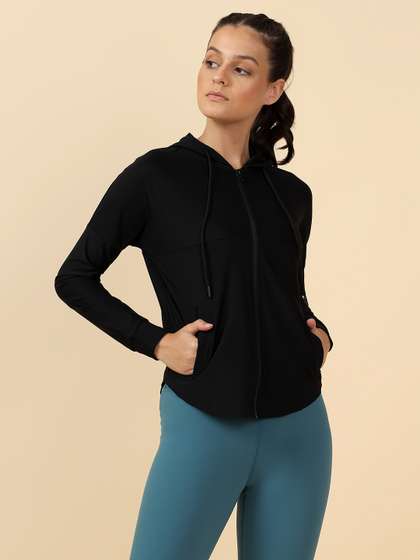 Fitkin Women Black
                          Solid Lightweight Hooded Training Jacket