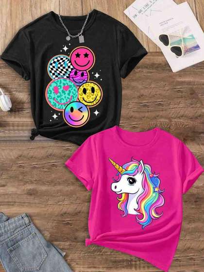 KEESOR Girls Pack Of 2
                      Printed Cotton Tshirts