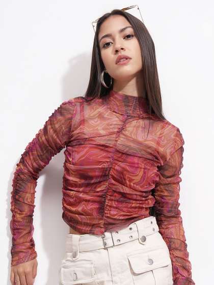 Tokyo Talkies Women
                        Printed High Neck Ruched Fitted Crop Top