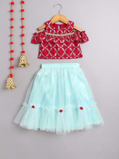 MANY FROCKS &
                      Girls Floral Printed Beads And Stones Ready to
                      Wear Lehenga With Blouse