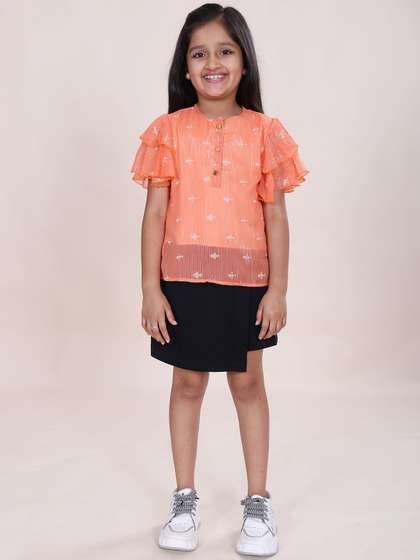 KiddoPanti Girls Printed
                    Layer Flounce Sleeve Top & Cotton Over Lap Skort
                    Set