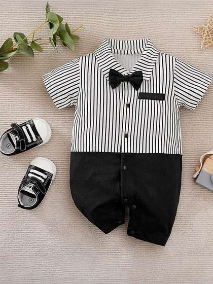 POOJATEX Infants Boys
                    Striped Cotton Rompers With Bow