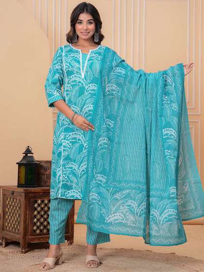 Chandbaali Floral
                        Printed Pure Cotton Straight Kurta With Trousers
                        & Dupatta