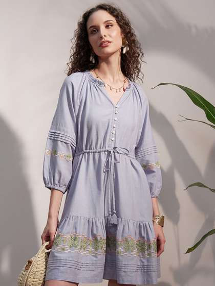 Vara By Vishudh
                        Women Embroidered Tie-Up Neck Puff Sleeve A-Line
                        Mini Dress