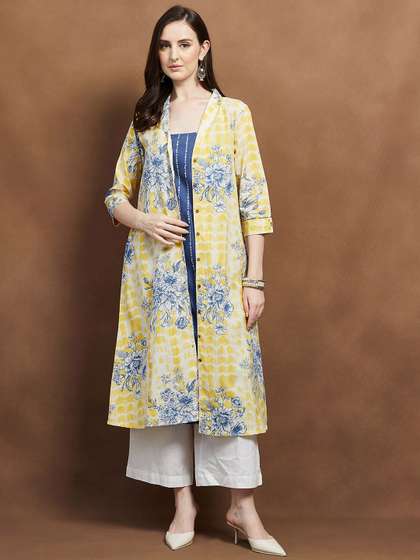 Melange by Lifestyle
                        Women Floral Printed Cotton Kurta with Palazzo
                        & Jacket