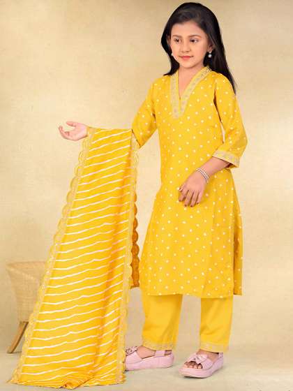 Sangria Girls Printed
                    With Embroidered Straight Kurta & Trouser With
                    Dupatta