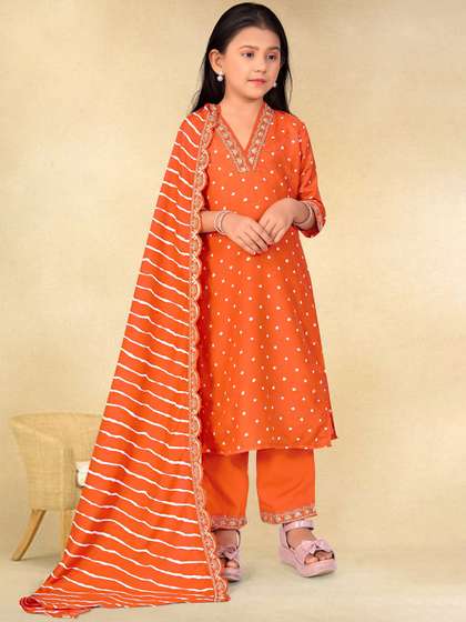 Sangria Girls Printed
                    With Embroidered Straight Fusion Kurta & Trouser
                    With Dupatta Fusion Kurta Sets