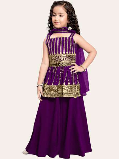 MD ENTERPRISE Girls
                    Purple and Gold Embroidered Kurti With Sharara And
                    Dupatta