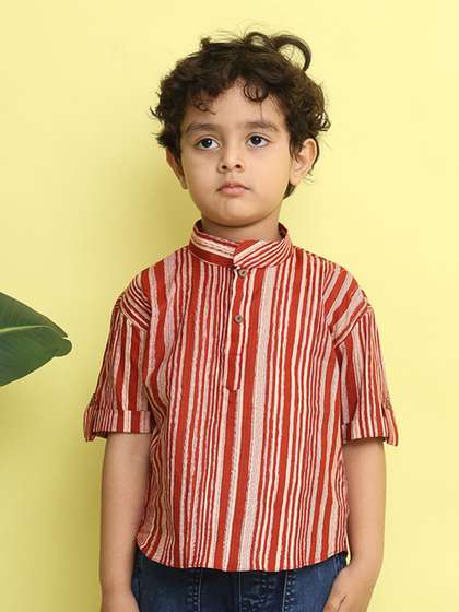 Here&Now X Kinder
                    Kids Boys Striped Roll-Up Sleeves Mandarin Collar
                    Cotton Shirt