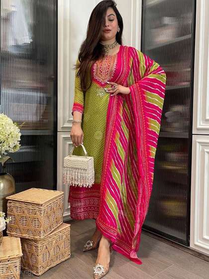 GoSriKi Bandhani
                          Printed Round Neck Zari Straight Kurta With
                          Trousers & Dupatta