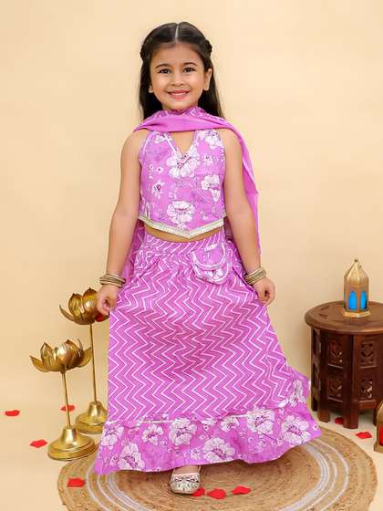 Aj DEZInES Girls
                      Floral Printed Halter Neck Gotta Patti Cotton
                      Ready to Wear Lehenga Choli