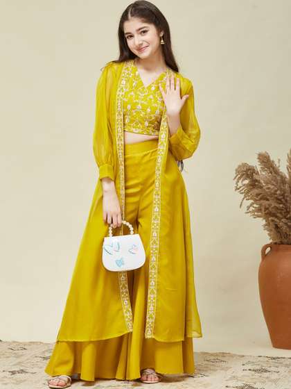 CurlyTales Girls Organza
                    Embroidered Blouse and Kaftan Shrug with Palazzo
                    Set