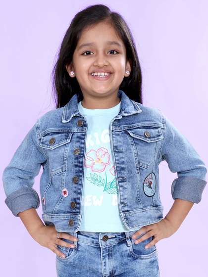 KiddoPanti Girls Self Design Lightweight Crop Denim Jacket