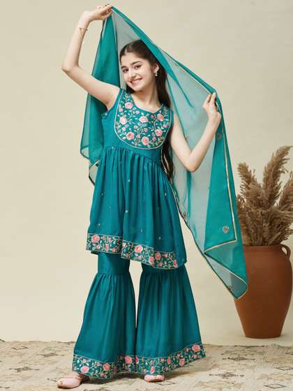 CurlyTales Girls Silk
                      Embroidered Kurta and Sharara Set with Dupatta