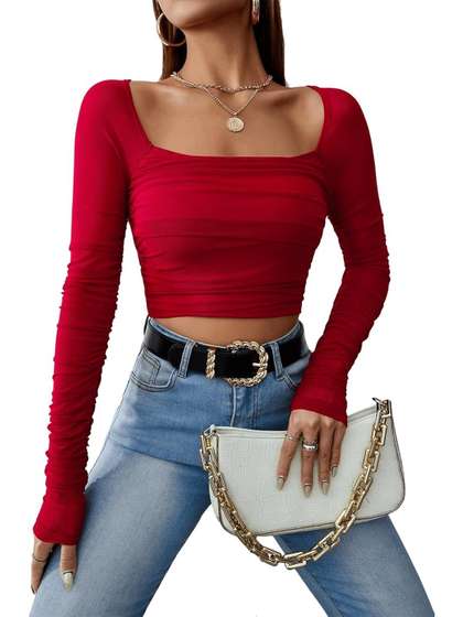 clobug Square Neck
                        Net Fitted Crop Top