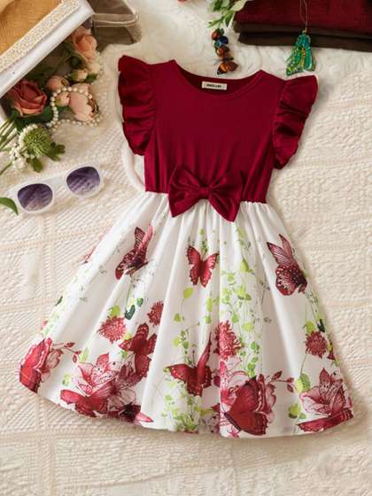 INCLUD Girls Printed
                    Flutter Sleeve Fit & Flare Dress