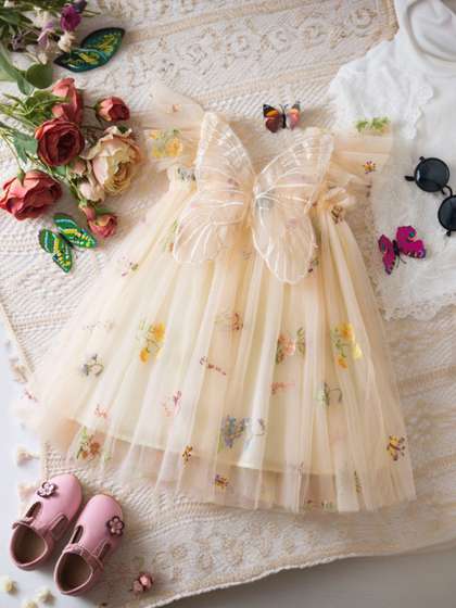 INCLUD Girls Floral
                    Embroidered Tulle Square Neck A-Line Dress With
                    Applique Butterfly